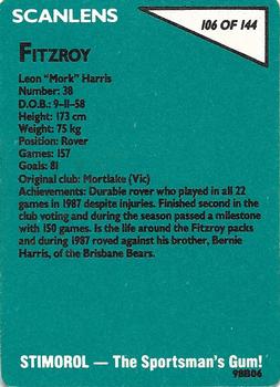 1988 Scanlens VFL #106 Leon Harris Back
